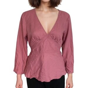 J.Crew Blouse Sz L Pink 100% Linen Babydoll Tie Back Coastal